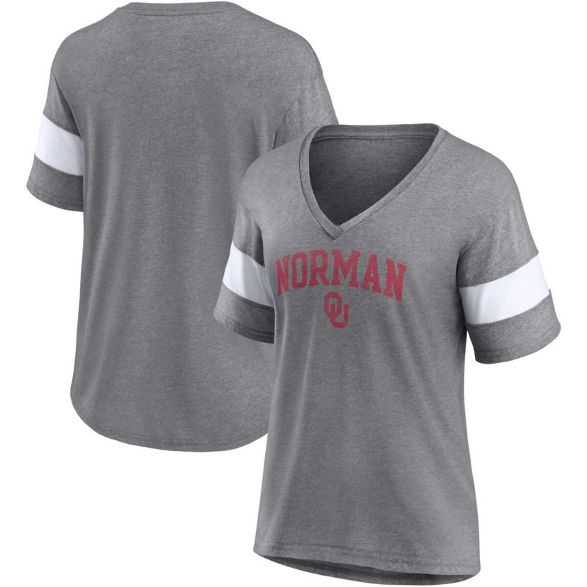 NCAA Fanatics ed Oklahoma Sooners Arched City Sleeve-Striped Tri-Blend V-Neck T-Shirt