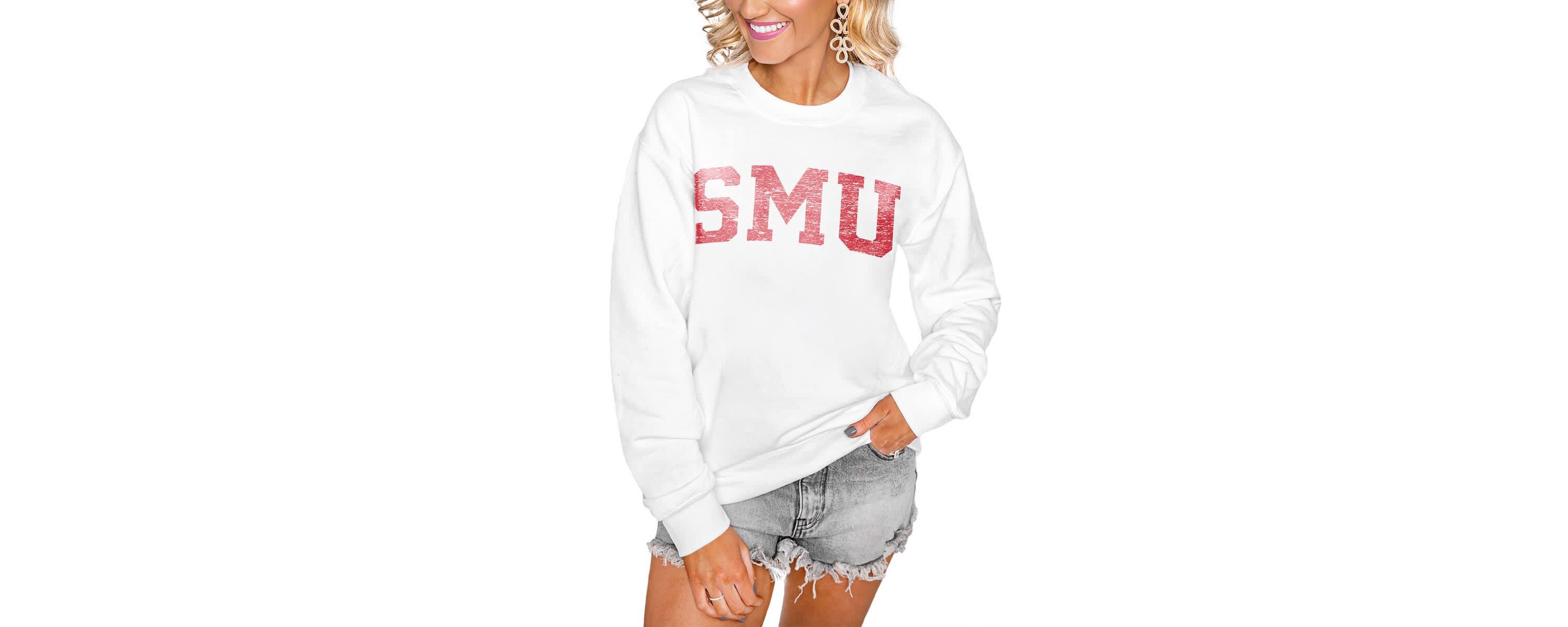NCAA SMU Mustangs Distressed Snap Perfect Oversized Pullover Sweatshirt