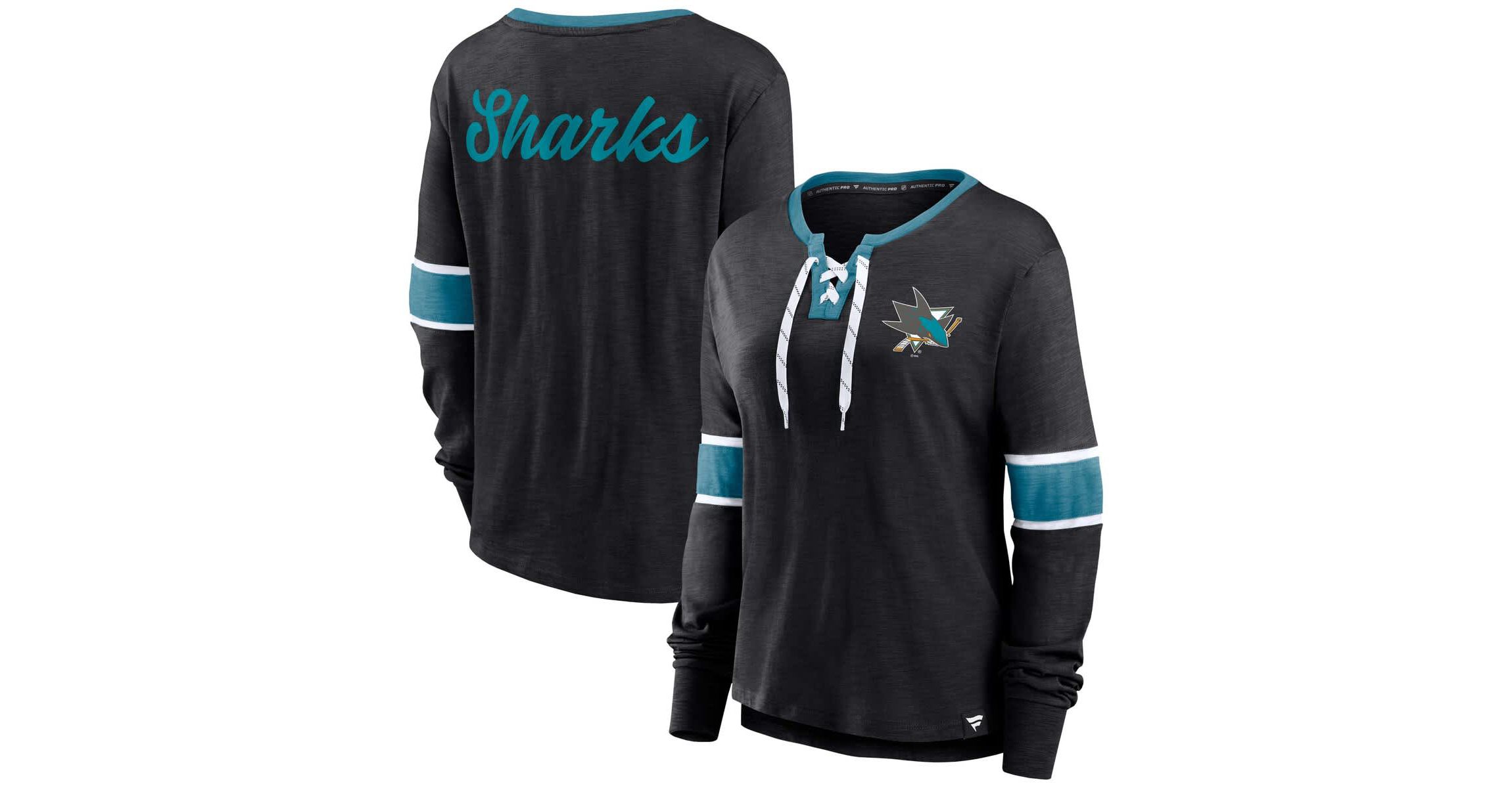 NHL Fanatics San Jose Sharks Effervescent Exclusive Notch Neck Lace-Up Long Sleeve Slub T-Shirt