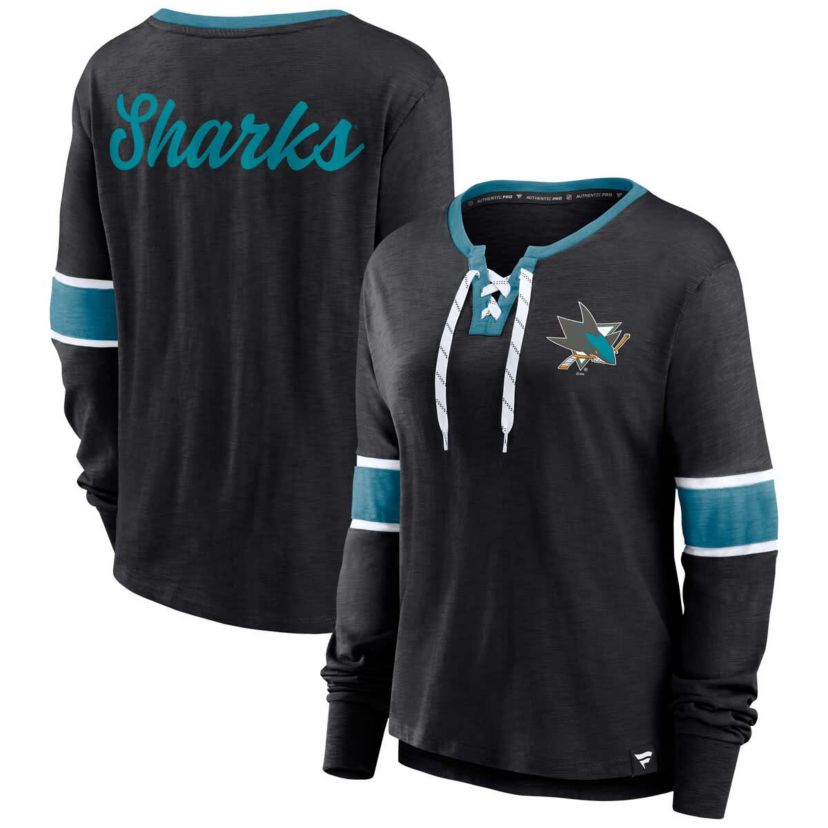NHL Fanatics San Jose Sharks Effervescent Exclusive Notch Neck Lace-Up Long Sleeve Slub T-Shirt