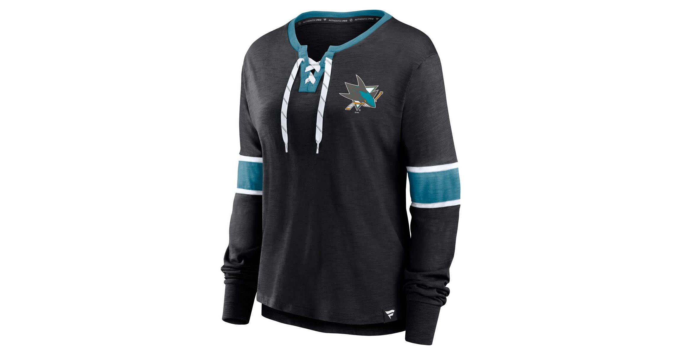 NHL Fanatics San Jose Sharks Effervescent Exclusive Notch Neck Lace-Up Long Sleeve Slub T-Shirt