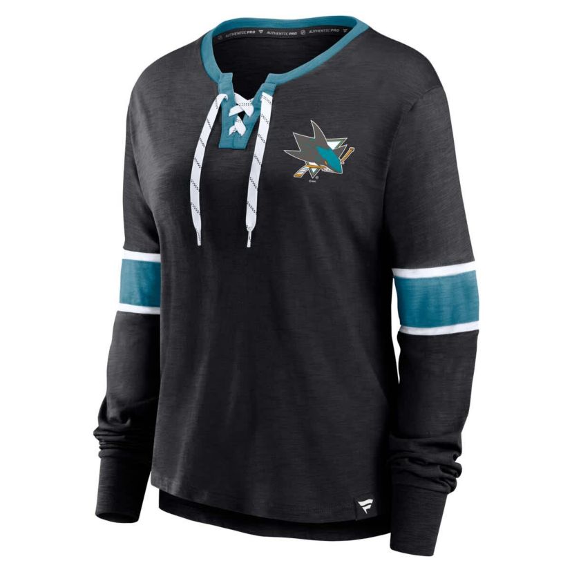 NHL Fanatics San Jose Sharks Effervescent Exclusive Notch Neck Lace-Up Long Sleeve Slub T-Shirt