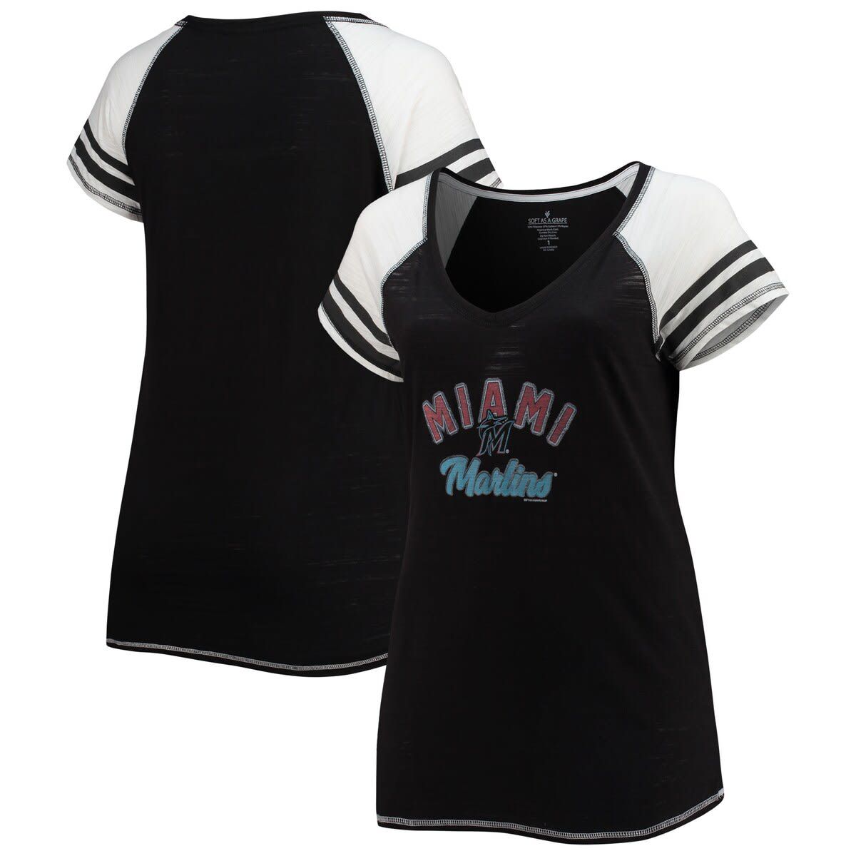 MLB Miami Marlins Curvy Color Block Tri-Blend Raglan V-Neck T-Shirt