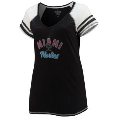 MLB Miami Marlins Curvy Colorblock Tri-Blend Raglan V-Neck T-Shirt