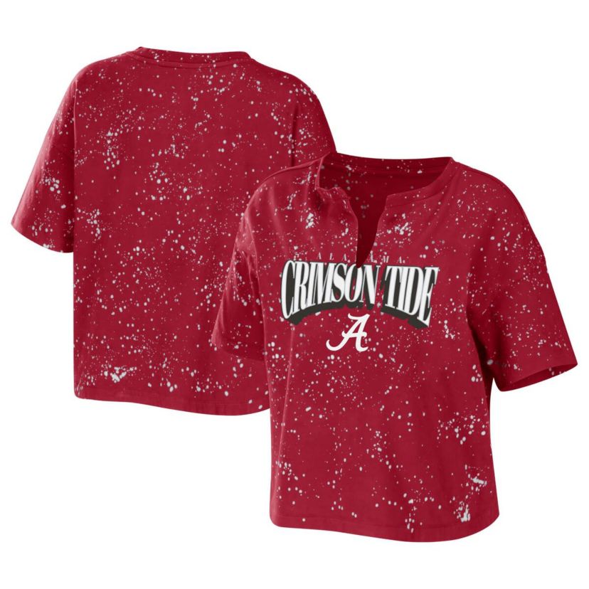 Alabama Crimson Tide NCAA Alabama Tide Bleach Wash Splatter Cropped Notch Neck T-Shirt
