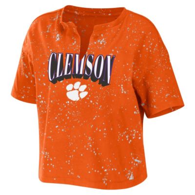 NCAA Clemson Tigers Bleach Wash Splatter Cropped Notch Neck T-Shirt