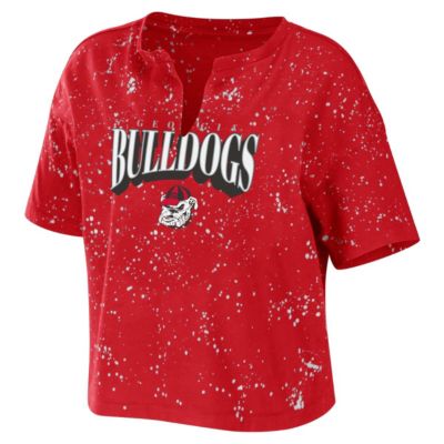 NCAA Georgia Bulldogs Bleach Wash Splatter Cropped Notch Neck T-Shirt