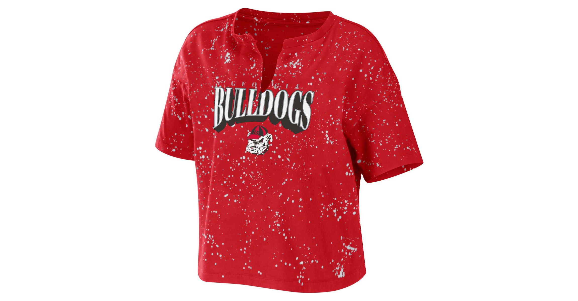 NCAA Georgia Bulldogs Bleach Wash Splatter Cropped Notch Neck T-Shirt