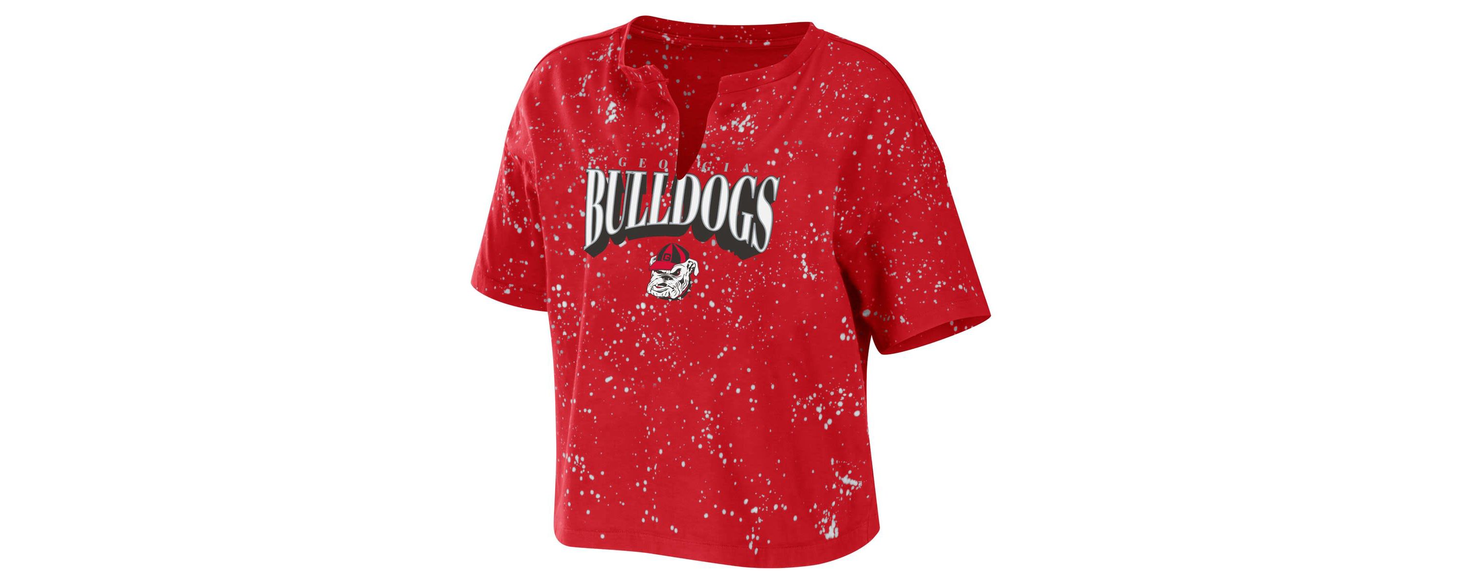NCAA Georgia Bulldogs Bleach Wash Splatter Cropped Notch Neck T-Shirt