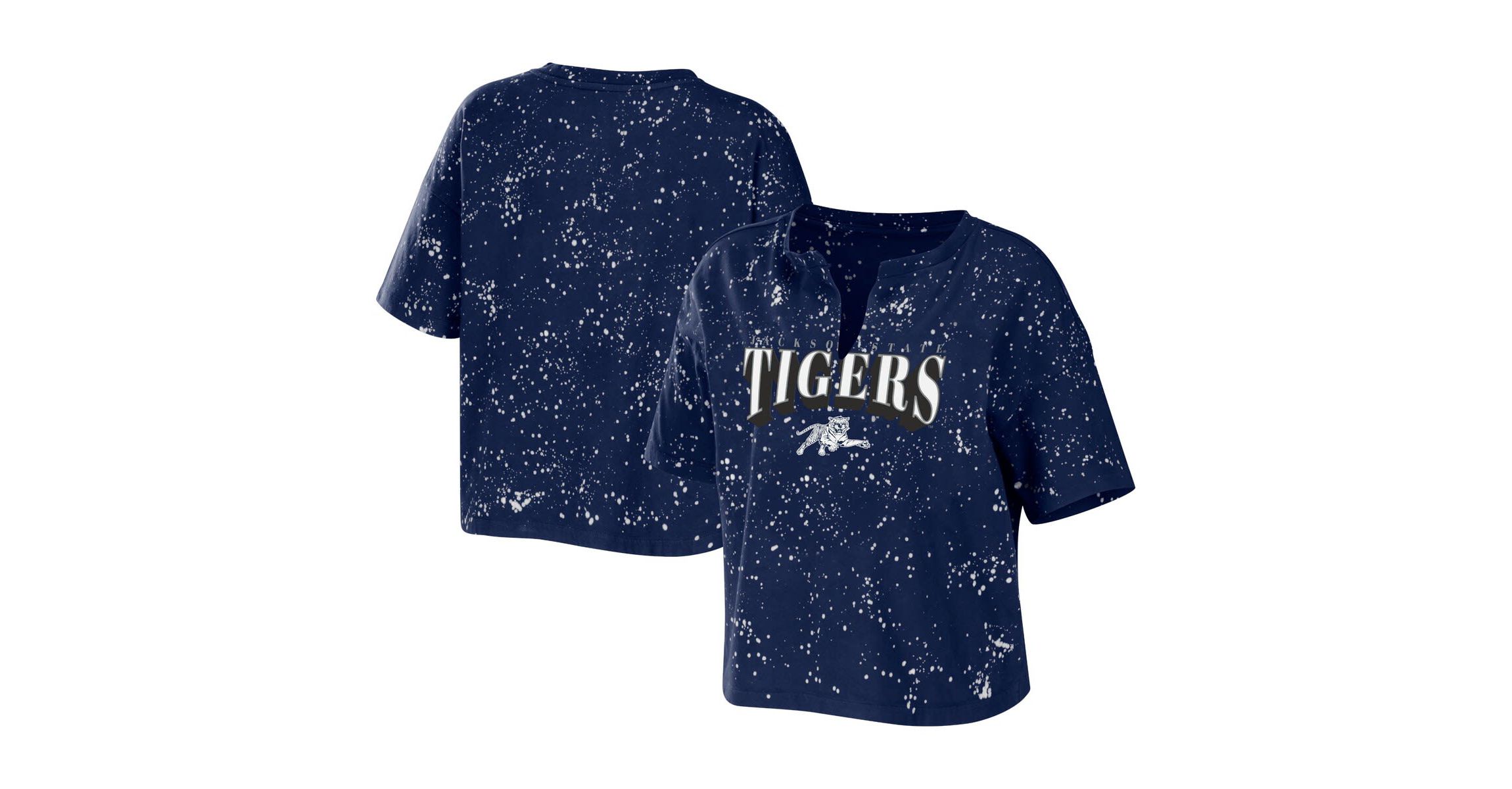 NCAA Jackson State Tigers Bleach Wash Splatter Cropped Notch Neck T-Shirt