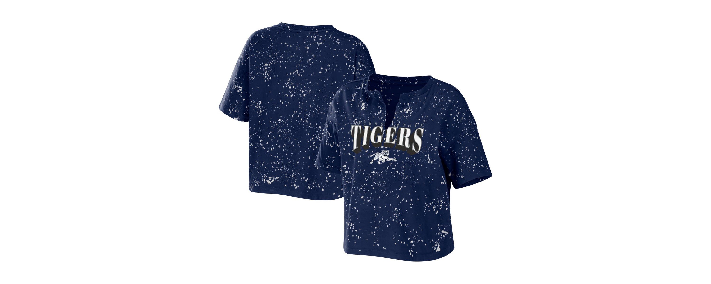 NCAA Jackson State Tigers Bleach Wash Splatter Cropped Notch Neck T-Shirt