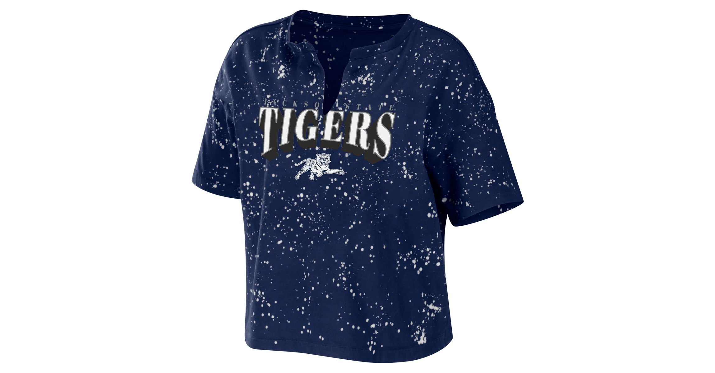 NCAA Jackson State Tigers Bleach Wash Splatter Cropped Notch Neck T-Shirt