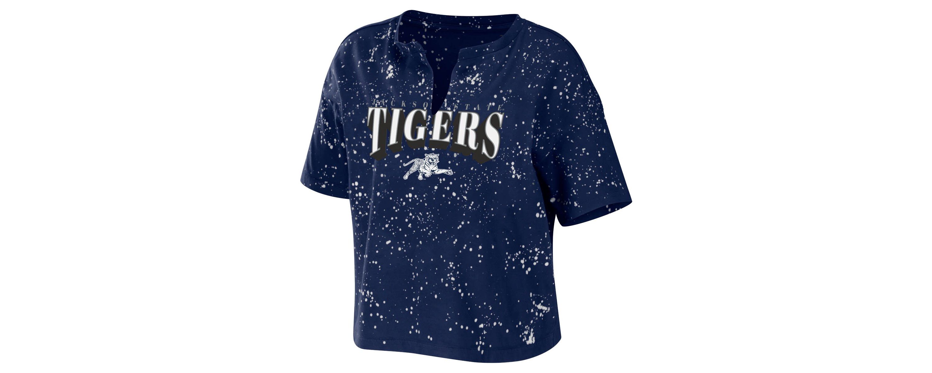 NCAA Jackson State Tigers Bleach Wash Splatter Cropped Notch Neck T-Shirt