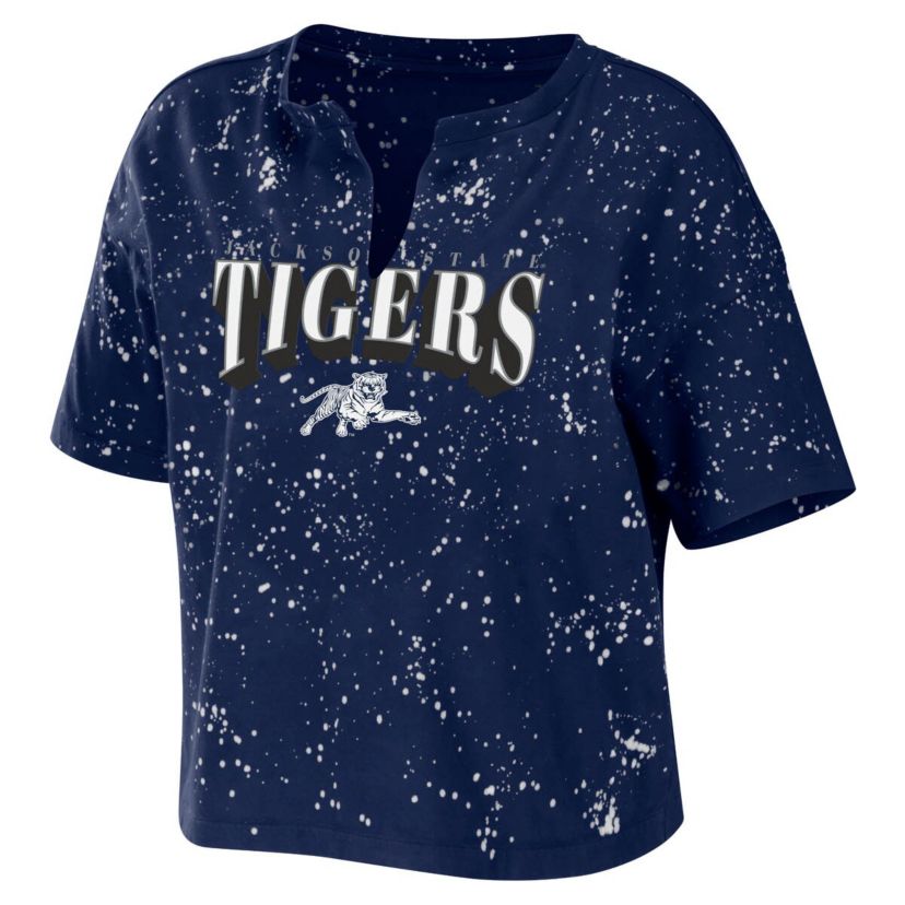 NCAA Jackson State Tigers Bleach Wash Splatter Cropped Notch Neck T-Shirt