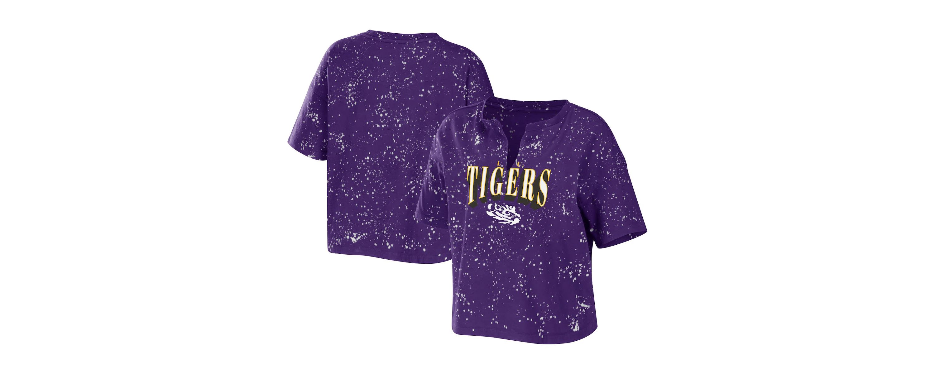 NCAA LSU Tigers Bleach Wash Splatter Cropped Notch Neck T-Shirt