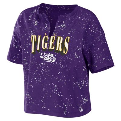 NCAA LSU Tigers Bleach Wash Splatter Cropped Notch Neck T-Shirt
