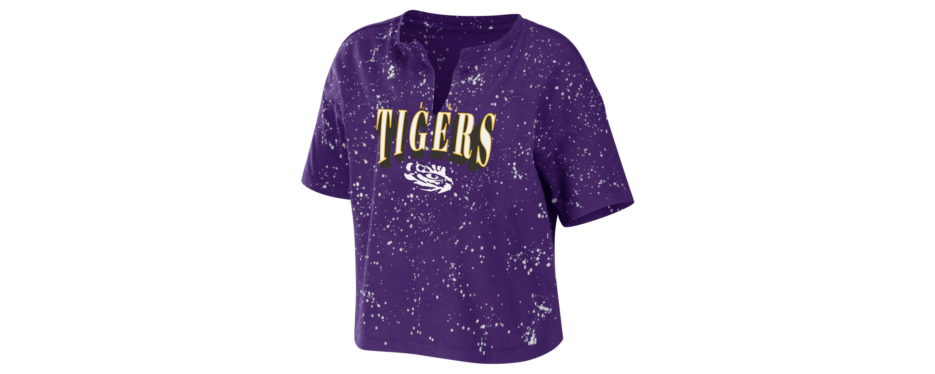 NCAA LSU Tigers Bleach Wash Splatter Cropped Notch Neck T-Shirt