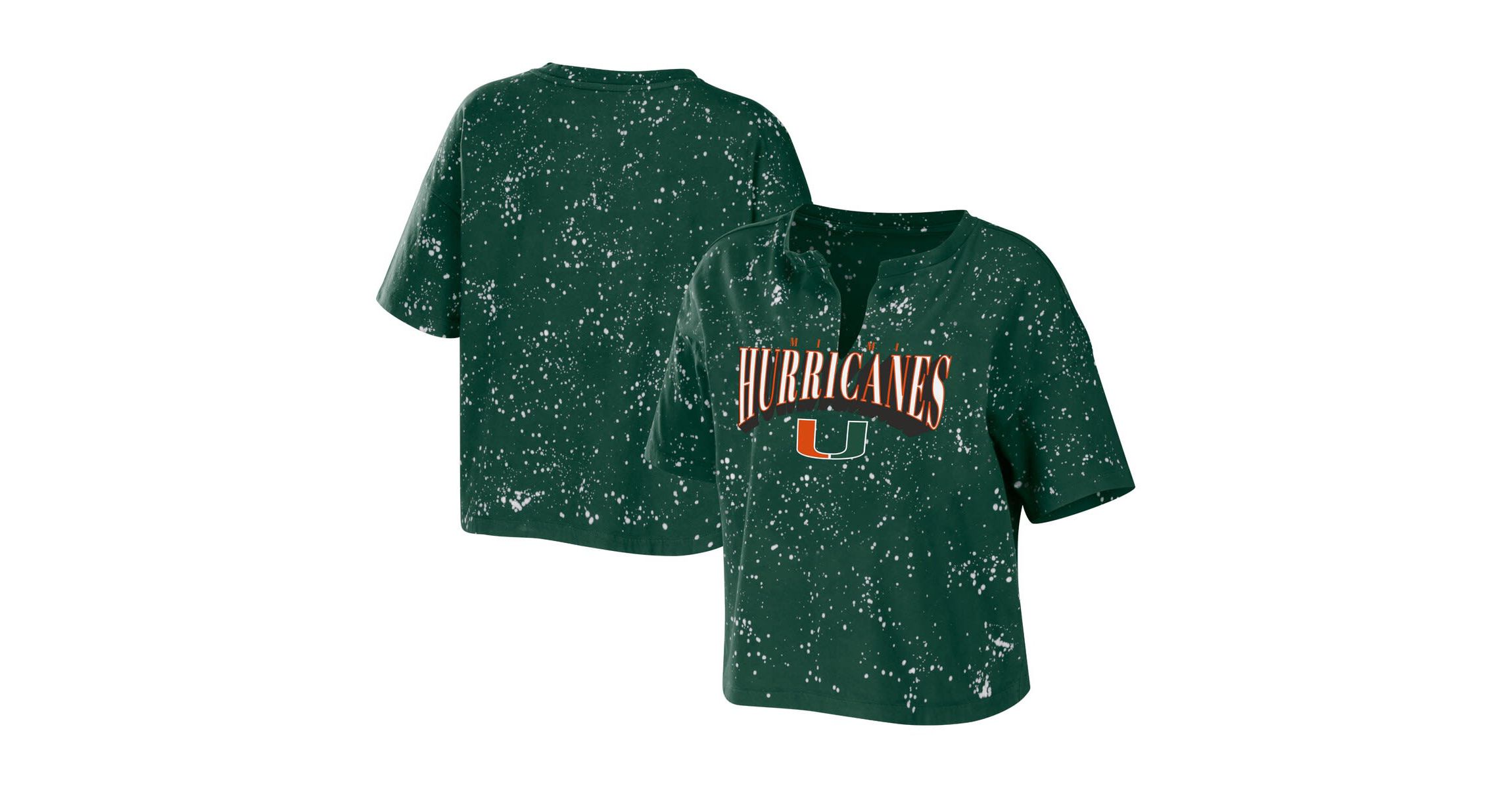 Miami (FL) Hurricanes NCAA Miami Hurricanes Bleach Wash Splatter Cropped Notch Neck T-Shirt