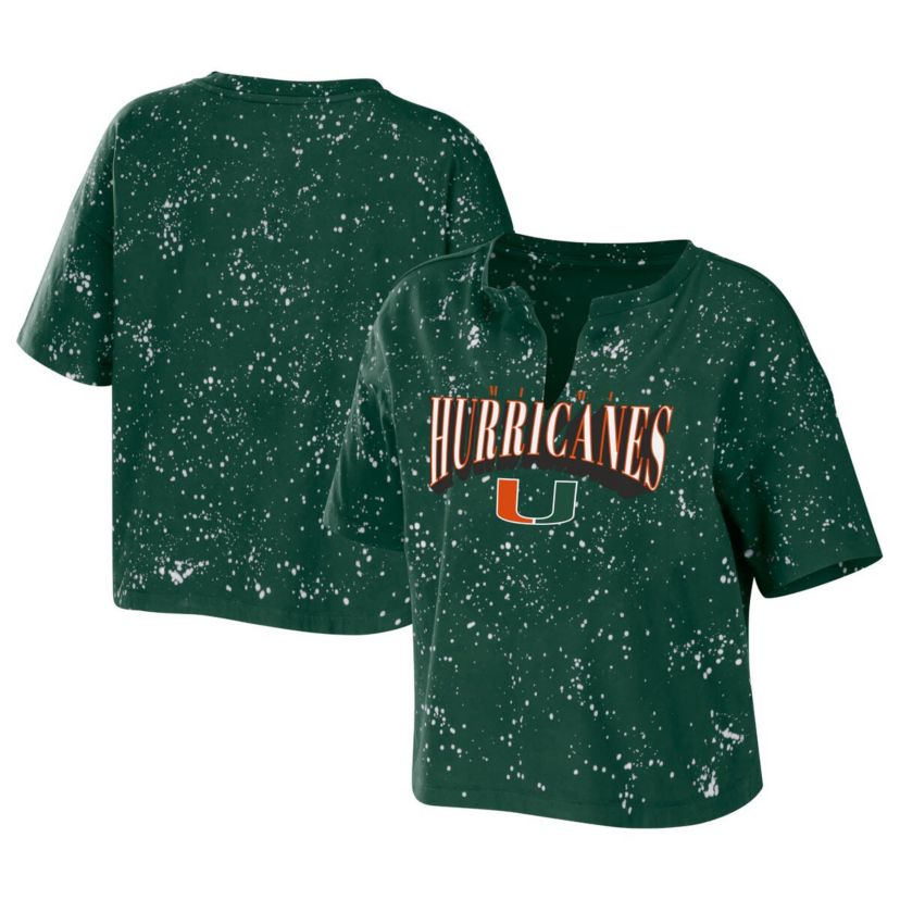 Miami (FL) Hurricanes NCAA Miami Hurricanes Bleach Wash Splatter Cropped Notch Neck T-Shirt