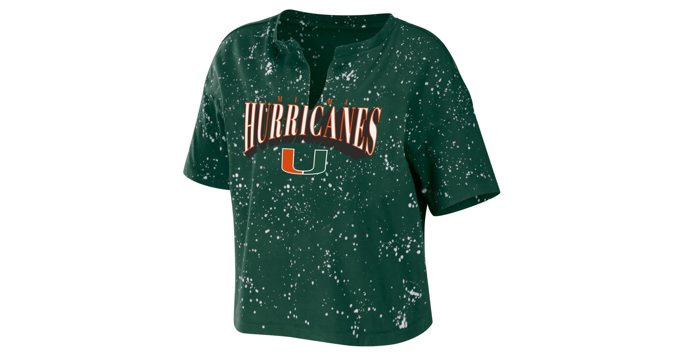 Miami (FL) Hurricanes NCAA Miami Hurricanes Bleach Wash Splatter Cropped Notch Neck T-Shirt
