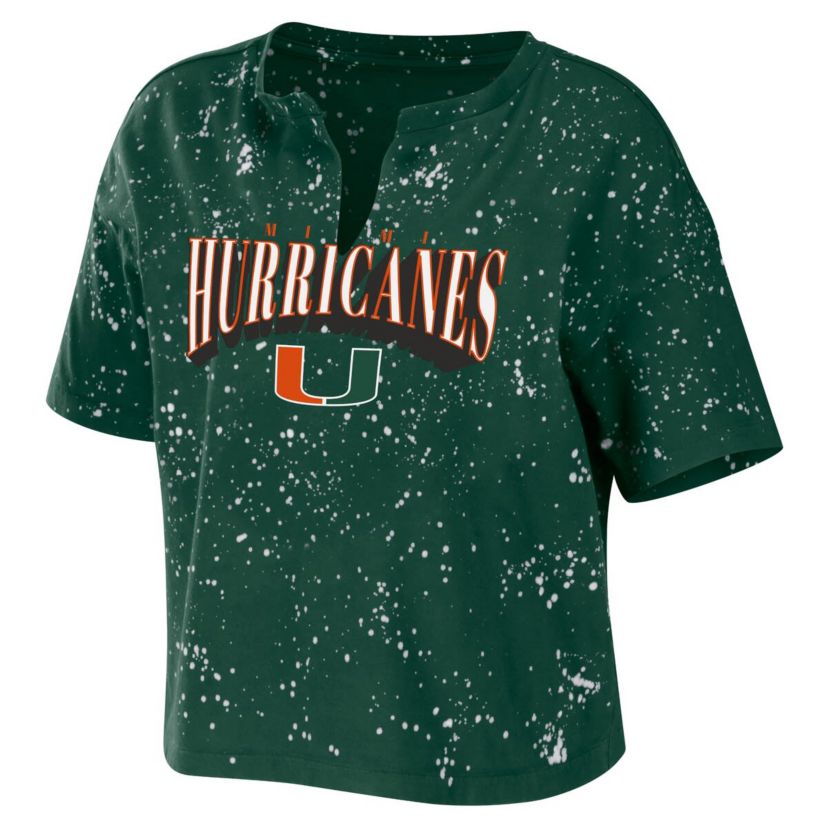 Miami (FL) Hurricanes NCAA Miami Hurricanes Bleach Wash Splatter Cropped Notch Neck T-Shirt