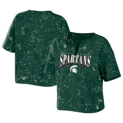 NCAA Michigan State Spartans Bleach Wash Splatter Cropped Notch Neck T-Shirt