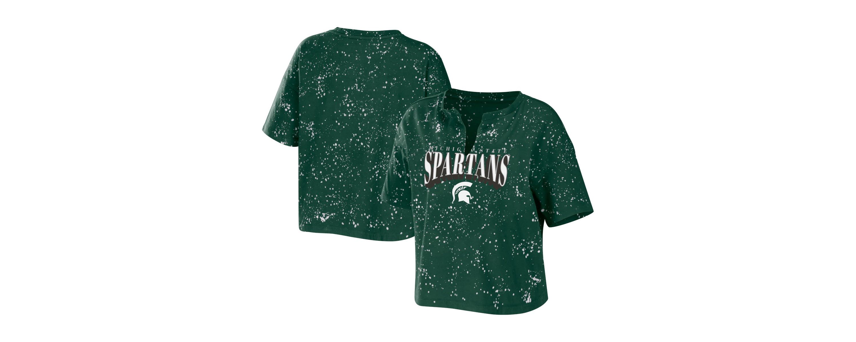 NCAA Michigan State Spartans Bleach Wash Splatter Cropped Notch Neck T-Shirt
