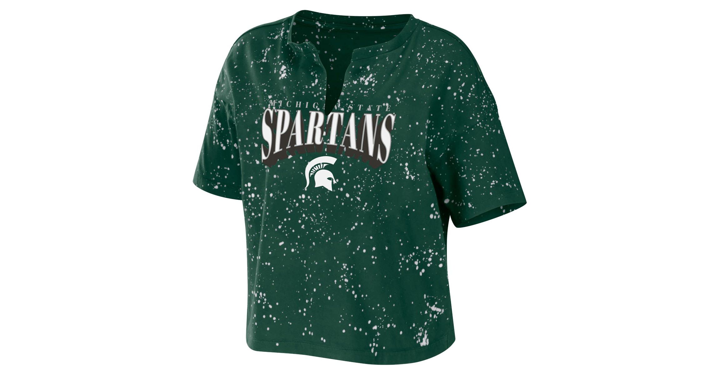NCAA Michigan State Spartans Bleach Wash Splatter Cropped Notch Neck T-Shirt