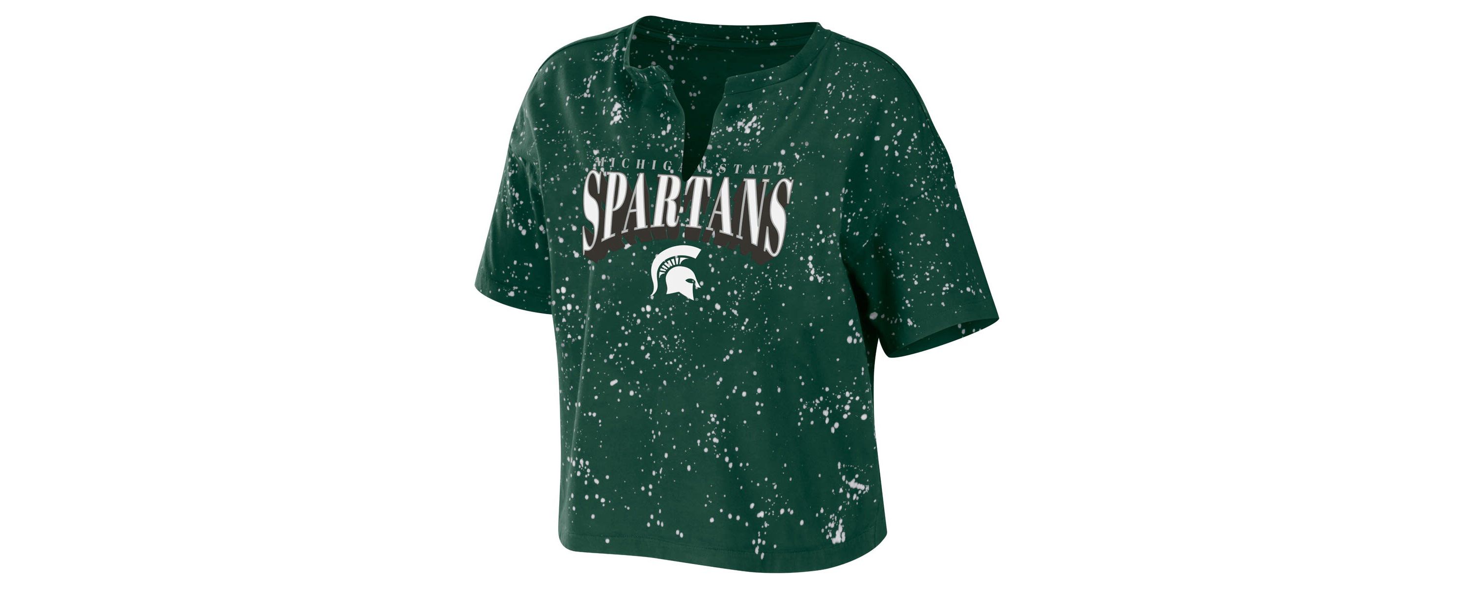 NCAA Michigan State Spartans Bleach Wash Splatter Cropped Notch Neck T-Shirt