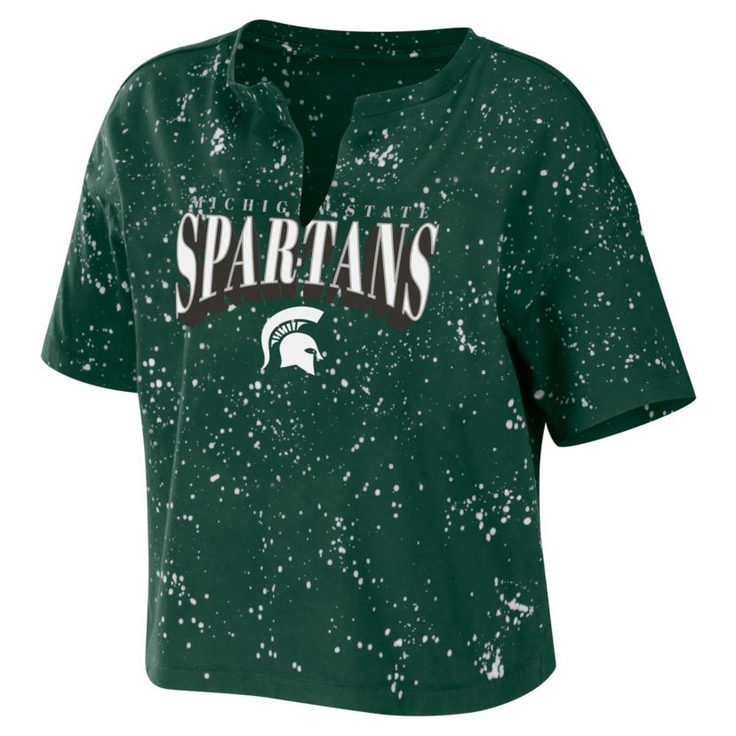 NCAA Michigan State Spartans Bleach Wash Splatter Cropped Notch Neck T-Shirt