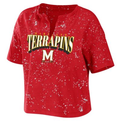 NCAA Maryland Terrapins Bleach Wash Splatter Cropped Notch Neck T-Shirt