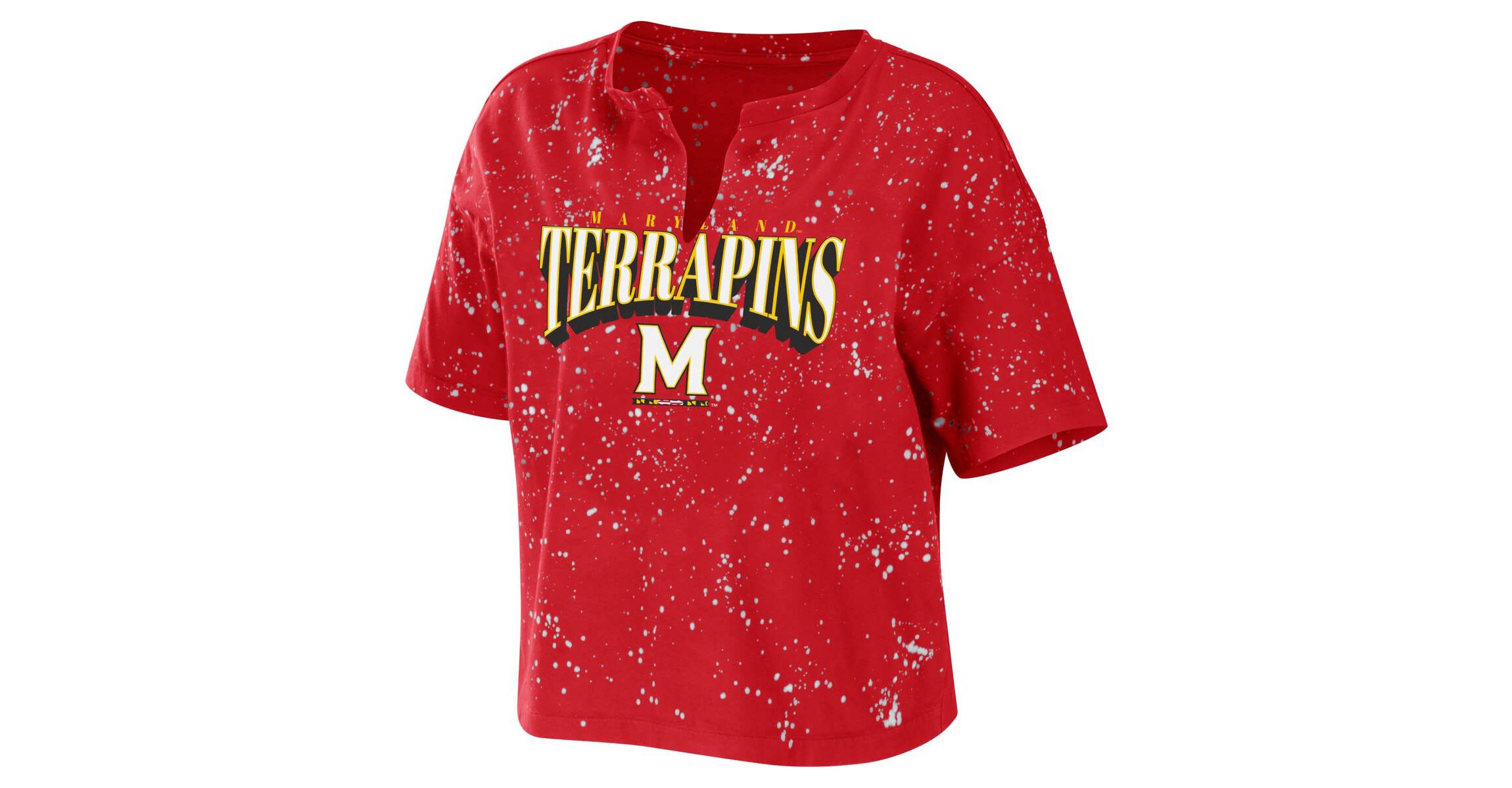 NCAA Maryland Terrapins Bleach Wash Splatter Cropped Notch Neck T-Shirt