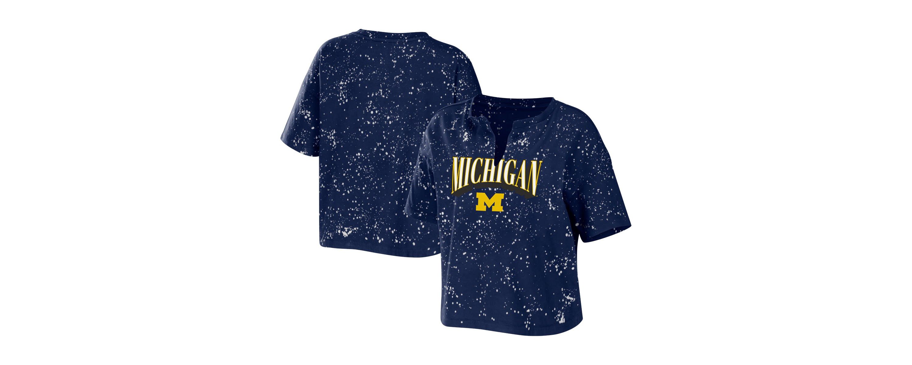 NCAA Michigan Wolverines Bleach Wash Splatter Cropped Notch Neck T-Shirt