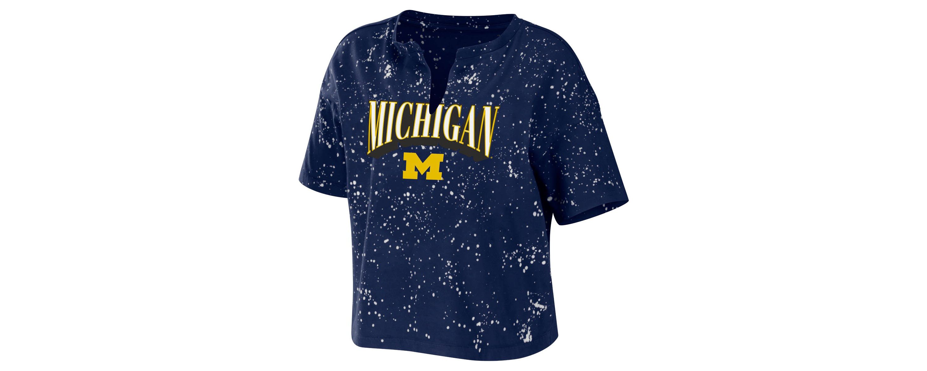 NCAA Michigan Wolverines Bleach Wash Splatter Cropped Notch Neck T-Shirt