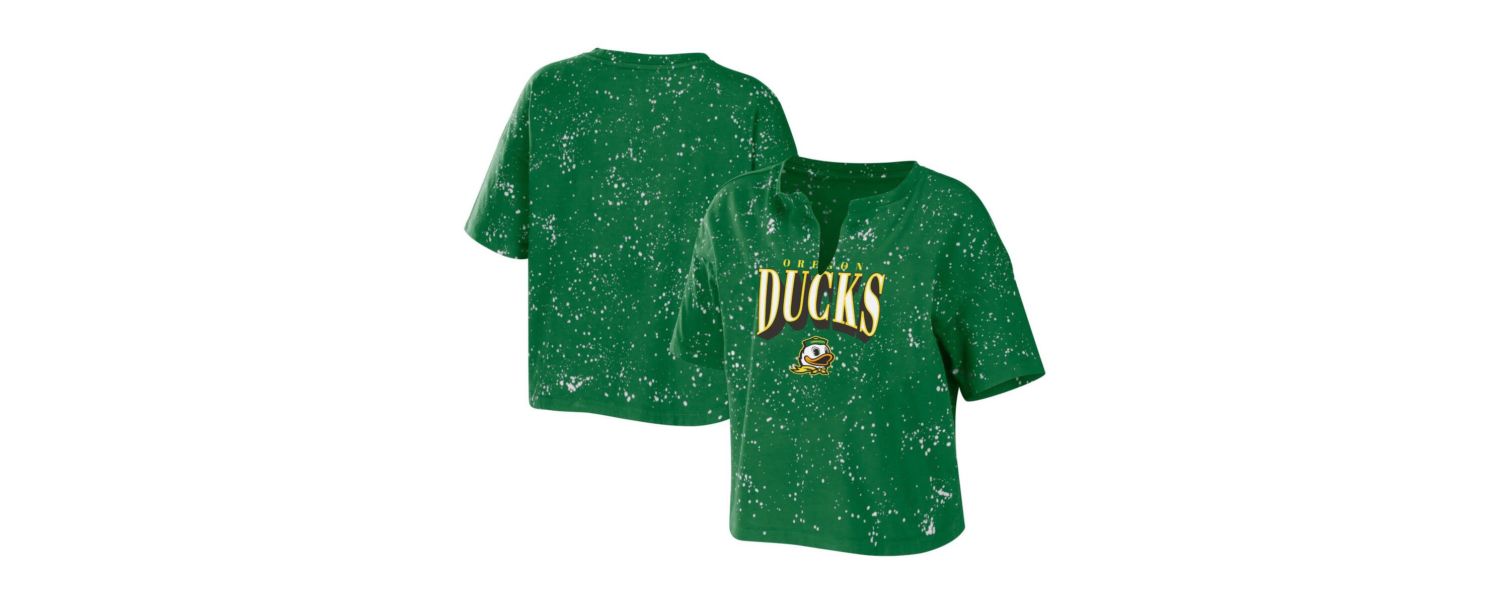 NCAA Oregon Ducks Bleach Wash Splatter Cropped Notch Neck T-Shirt