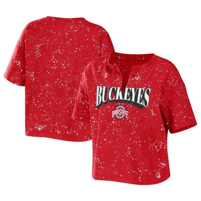 NCAA Ohio State Buckeyes Bleach Wash Splatter Cropped Notch Neck T-Shirt