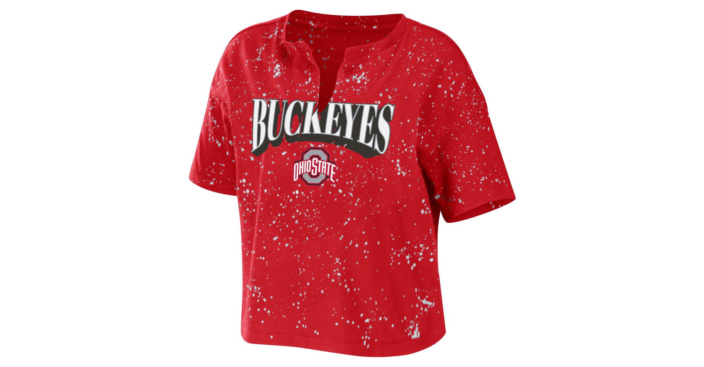 NCAA Ohio State Buckeyes Bleach Wash Splatter Cropped Notch Neck T-Shirt