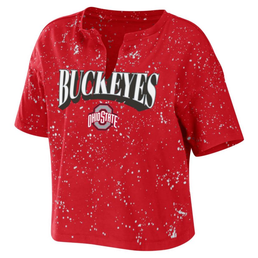 NCAA Ohio State Buckeyes Bleach Wash Splatter Cropped Notch Neck T-Shirt