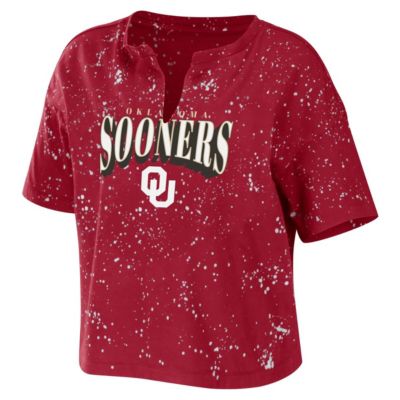 NCAA Oklahoma Sooners Bleach Wash Splatter Cropped Notch Neck T-Shirt