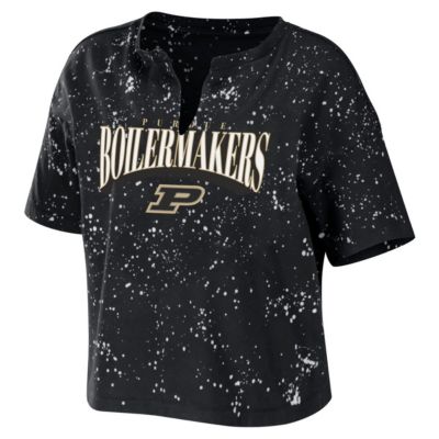 NCAA Purdue Boilermakers Bleach Wash Splatter Cropped Notch Neck T-Shirt