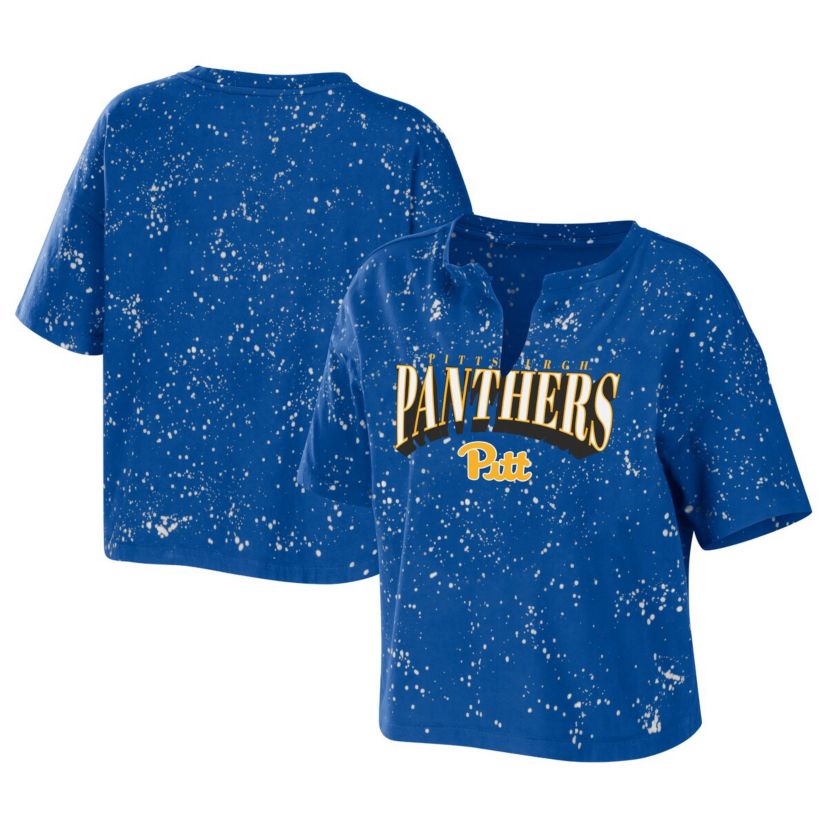 NCAA Pitt Panthers Bleach Wash Splatter Cropped Notch Neck T-Shirt