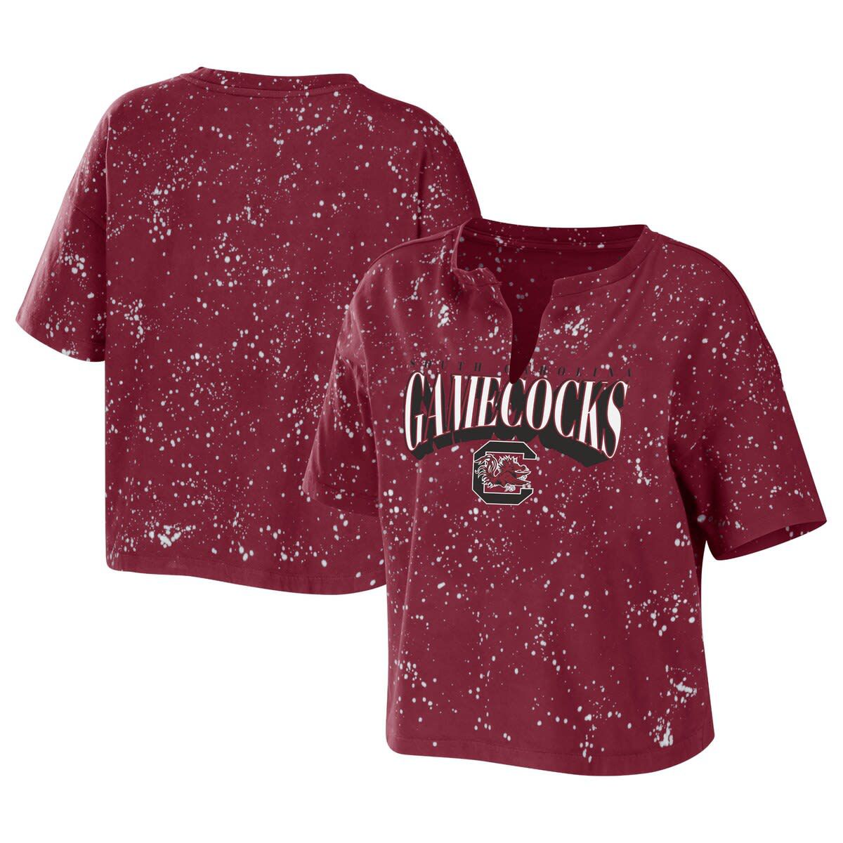 NCAA South Carolina Gamecocks Bleach Wash Splatter Cropped Notch Neck T-Shirt