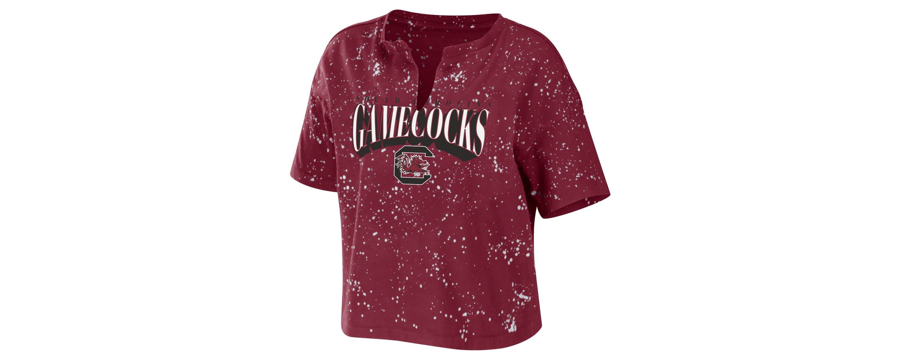 NCAA South Carolina Gamecocks Bleach Wash Splatter Cropped Notch Neck T-Shirt