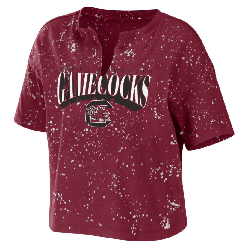 NCAA South Carolina Gamecocks Bleach Wash Splatter Cropped Notch Neck T-Shirt