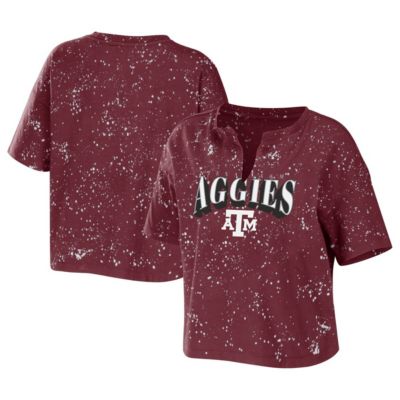 NCAA Texas A&M Aggies Bleach Wash Splatter Cropped Notch Neck T-Shirt