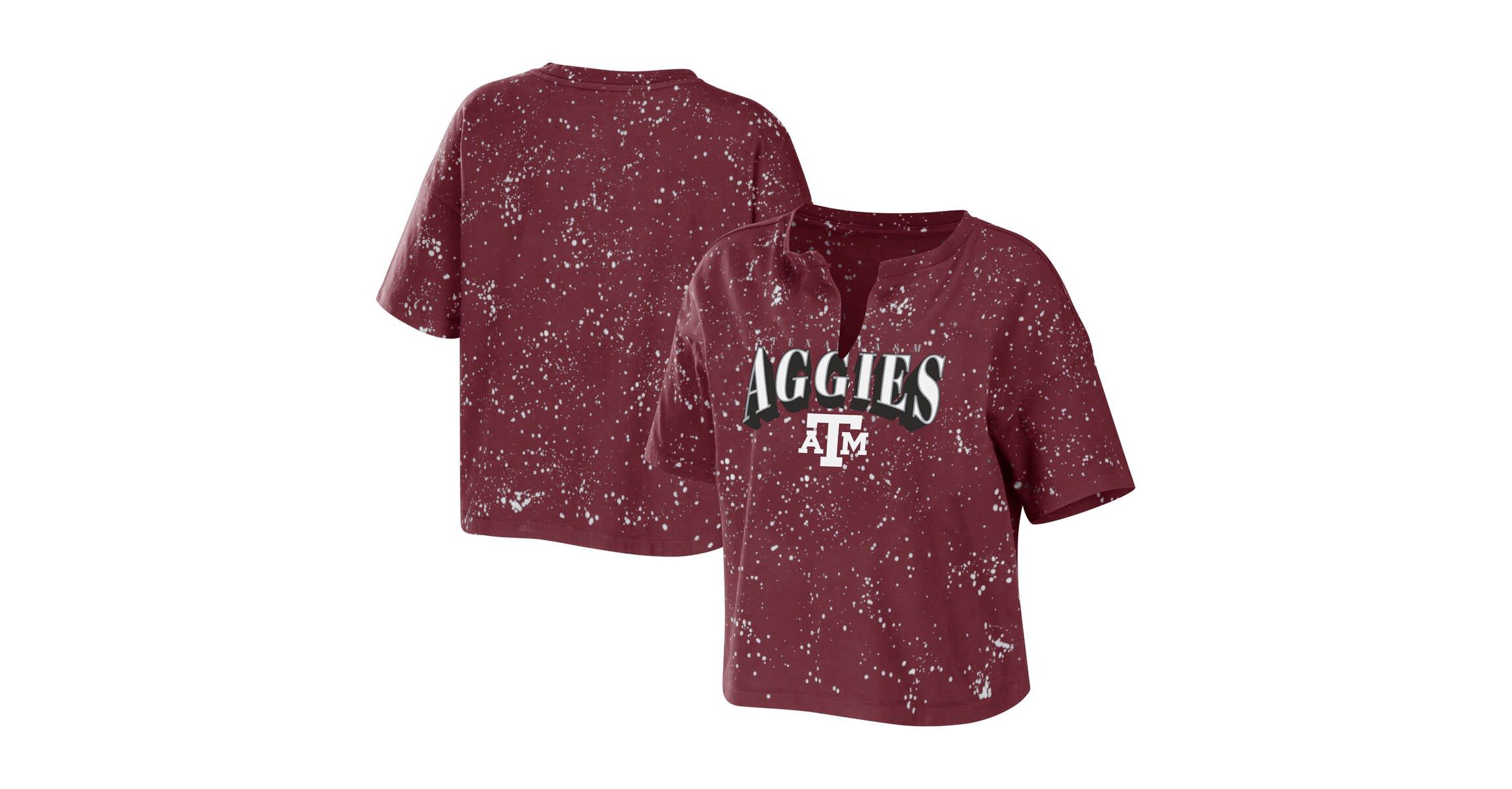 NCAA Texas A&M Aggies Bleach Wash Splatter Cropped Notch Neck T-Shirt