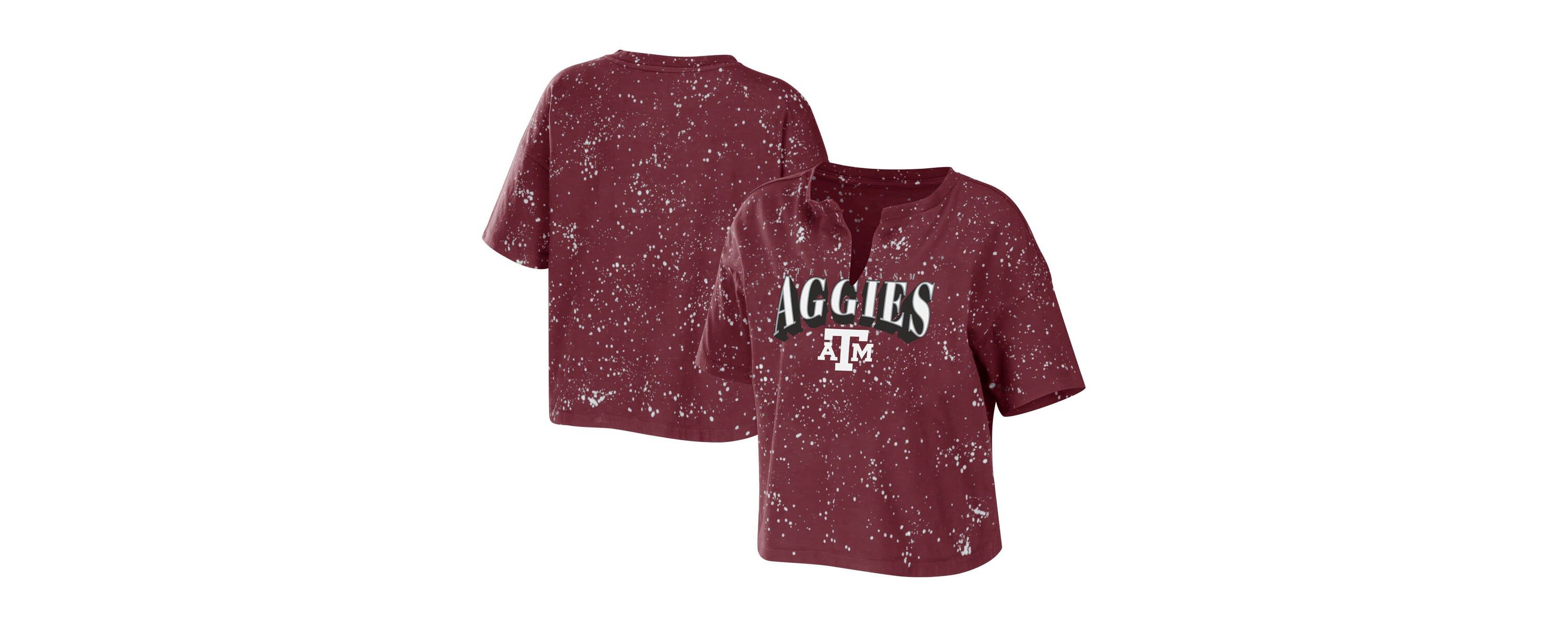 NCAA Texas A&M Aggies Bleach Wash Splatter Cropped Notch Neck T-Shirt