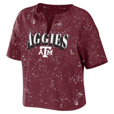 NCAA Texas A&M Aggies Bleach Wash Splatter Cropped Notch Neck T-Shirt