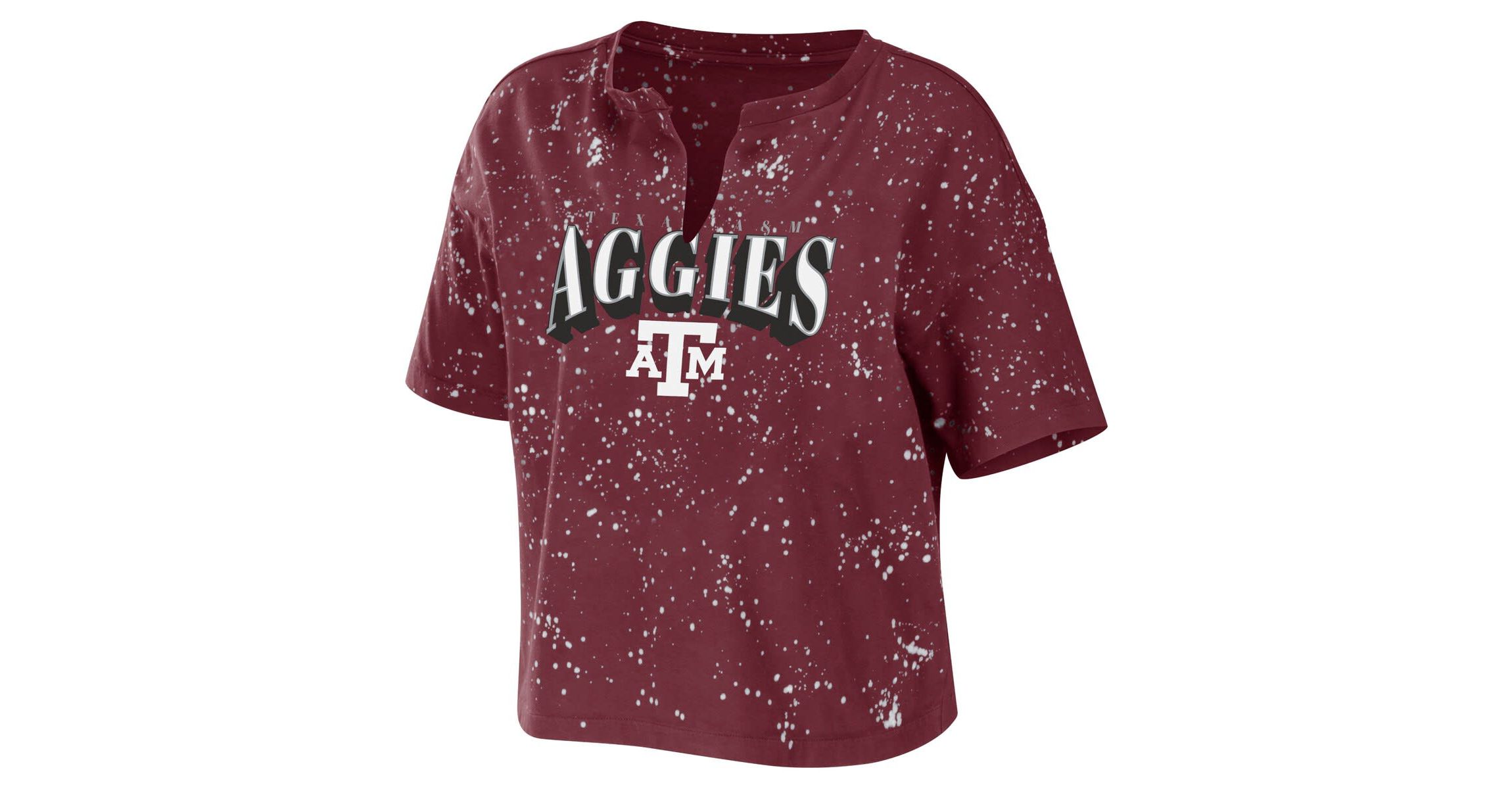 NCAA Texas A&M Aggies Bleach Wash Splatter Cropped Notch Neck T-Shirt