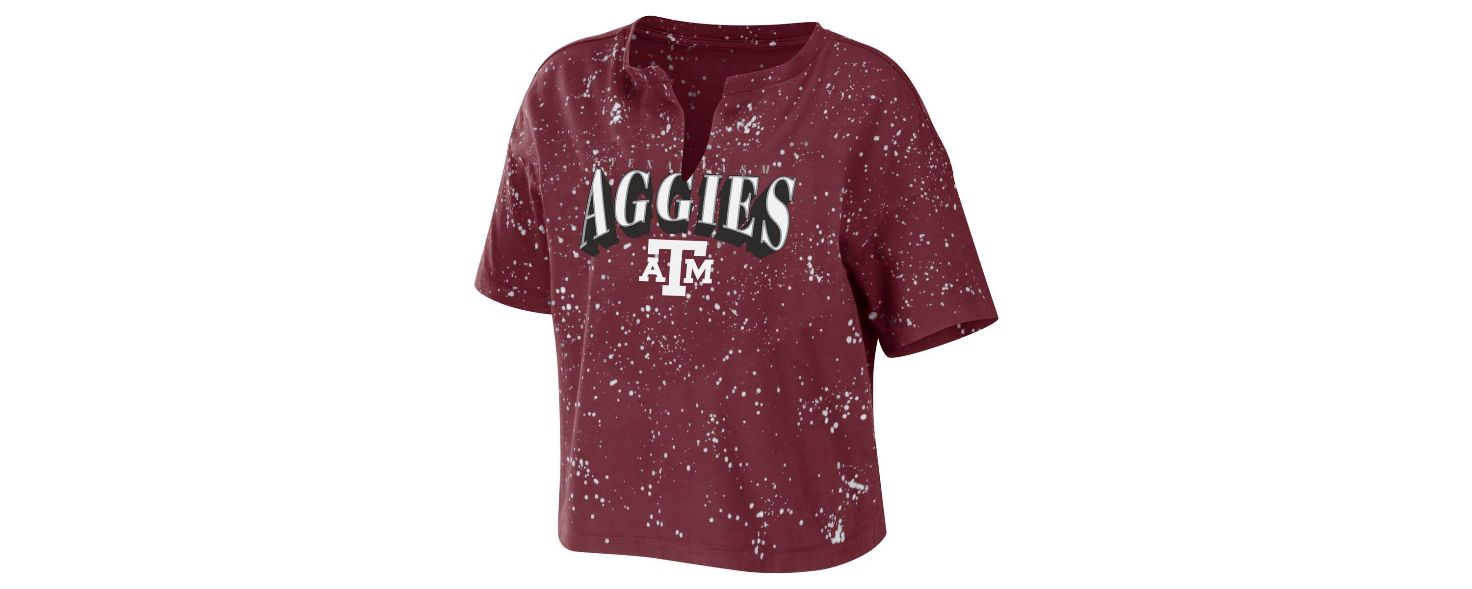 NCAA Texas A&M Aggies Bleach Wash Splatter Cropped Notch Neck T-Shirt